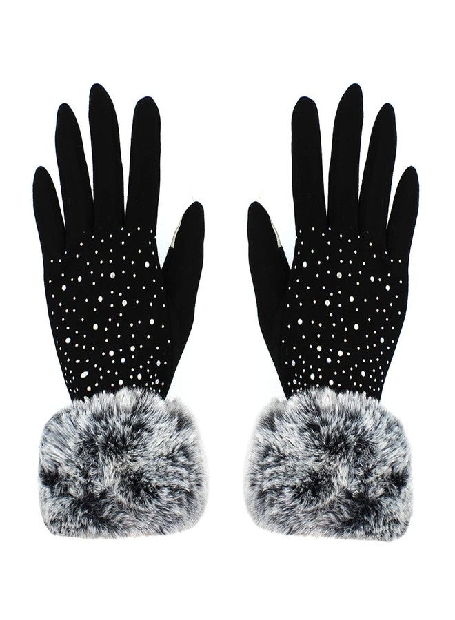 ZGMYC Women Touchscreen Fleece Lined Winter Gloves Luxurious Rhinestones Mittens with Rabbit Fur Cuffs Black - Image 1